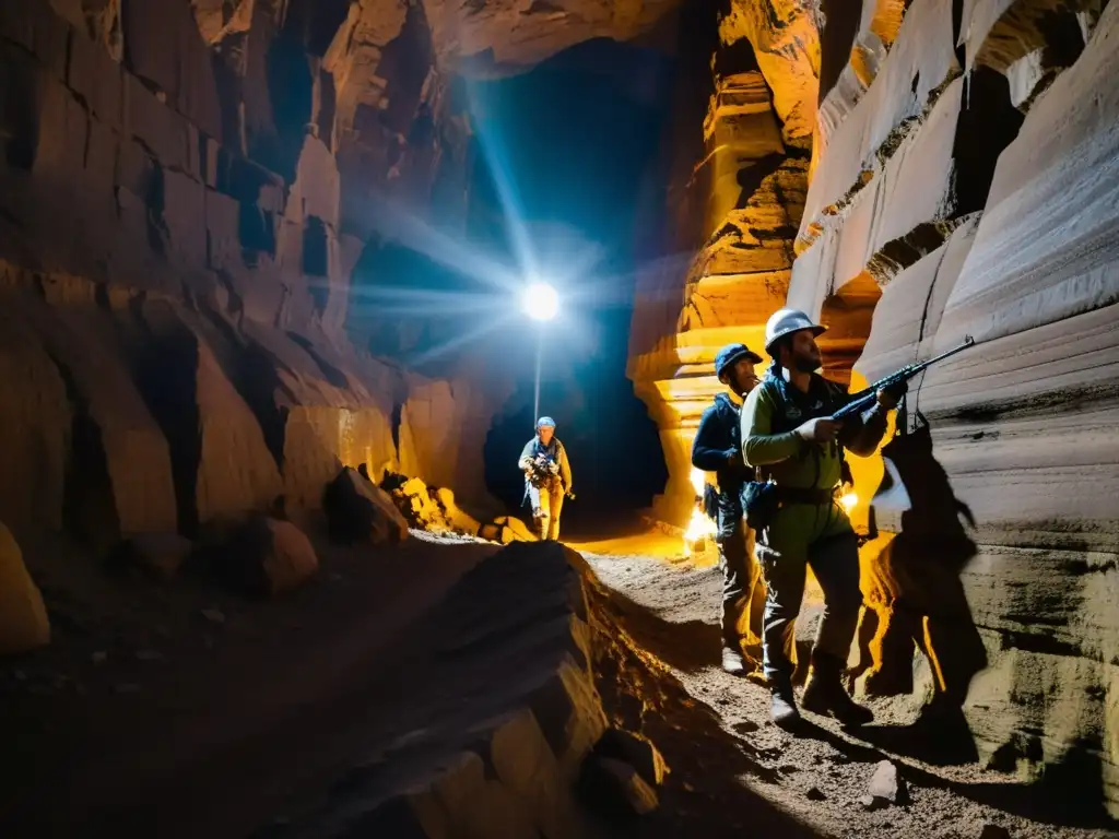 Exploradores documentando innovaciones en construcción de túneles en terrenos hostiles, iluminando con sus linternas los detalles de la roca tallada