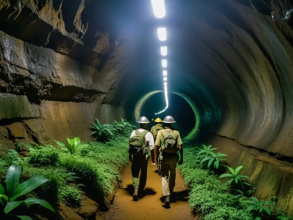 Exploradores intrépidos iluminados por lámparas de cabeza, adentrándose en los túneles secretos Viet Cong Vietnam