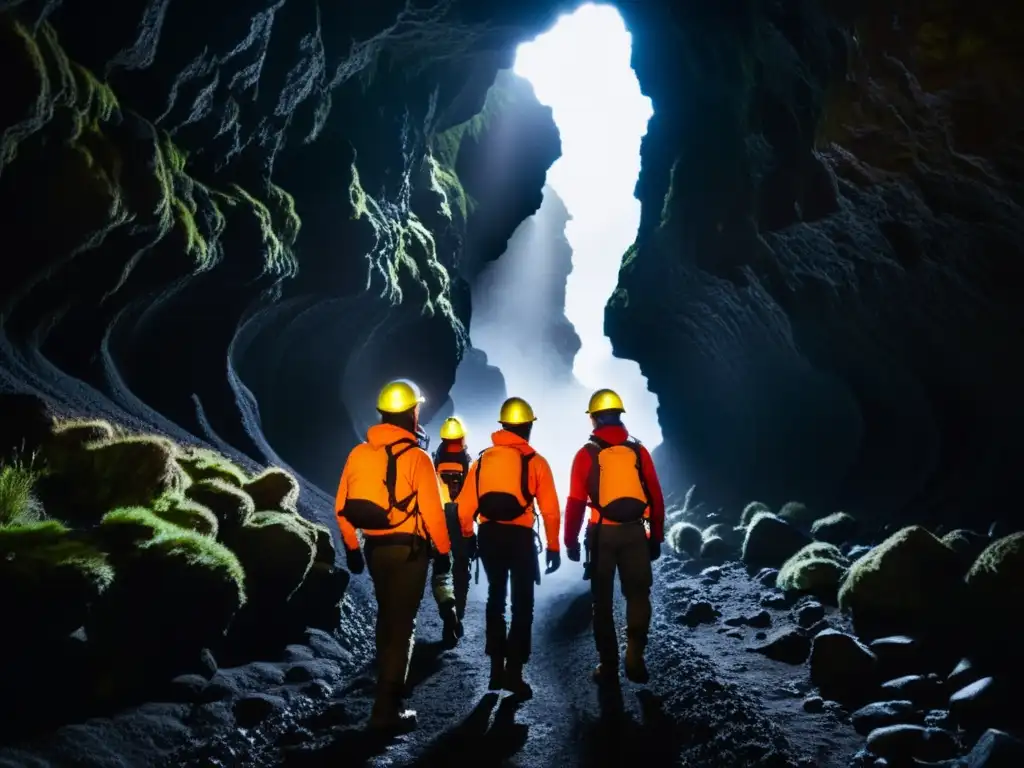 Exploradores en túnel de lava islandés, iluminando formaciones con linternas