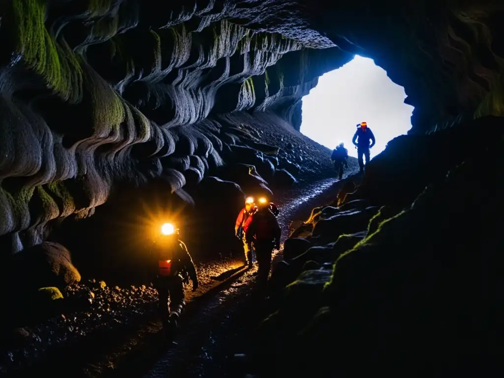 Exploradores en túnel de lava islandés, iluminados por linternas, descubren formaciones únicas mientras avanzan en la oscuridad