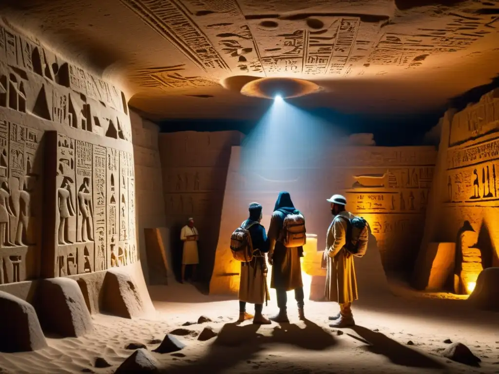 Exploradores admirando jeroglíficos en cámara subterránea de Egipto