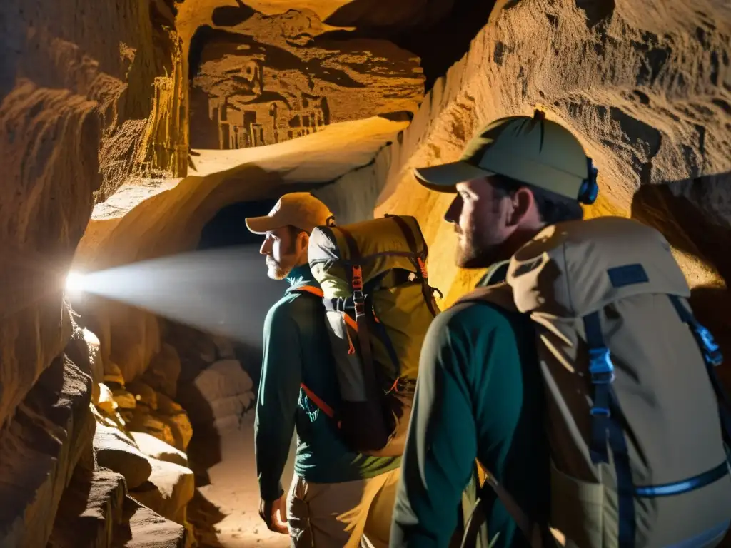 Exploradores con linternas exploran túnel subterráneo, revelando antiguas leyendas y símbolos en las rocas