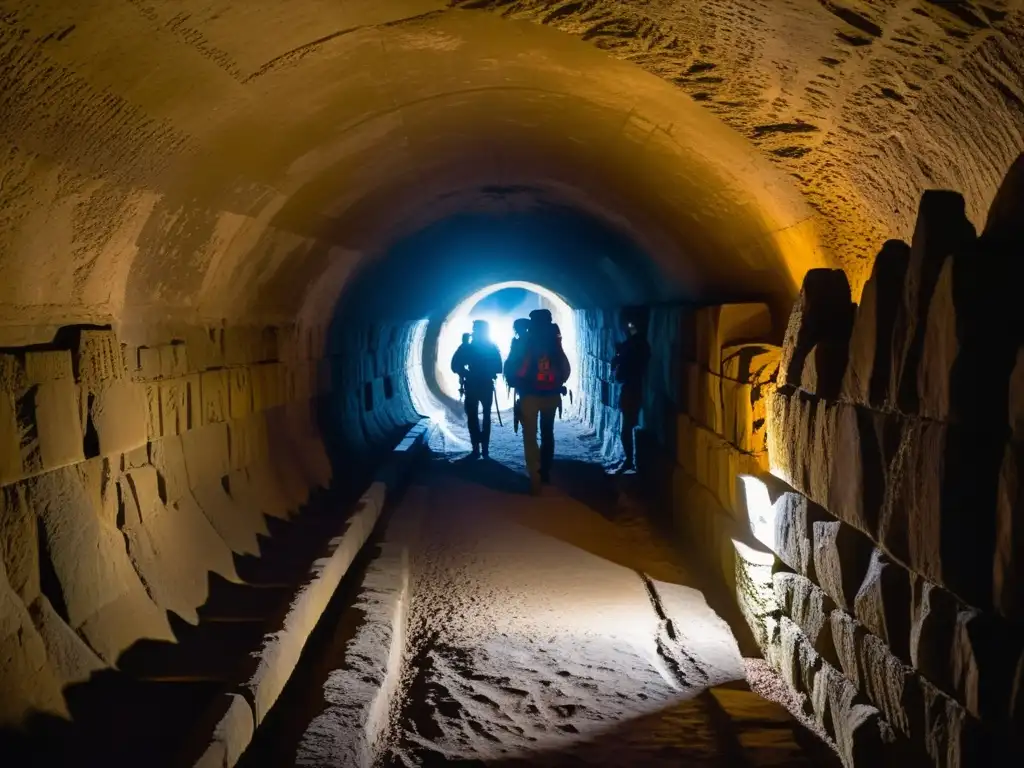 Intrépidos exploradores iluminan con linternas antiguas túneles subterráneos, descubriendo carvings misteriosos y cartografía ancestral