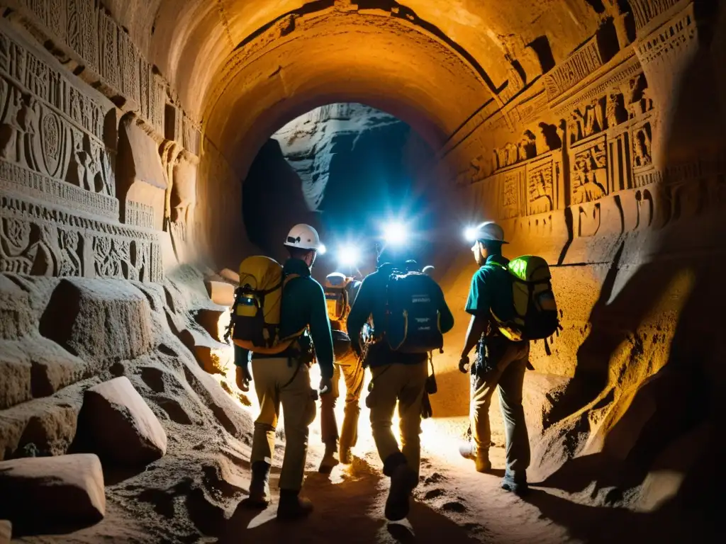 Exploradores descienden con linternas por un antiguo túnel, utilizando métodos geofísicos para explorar