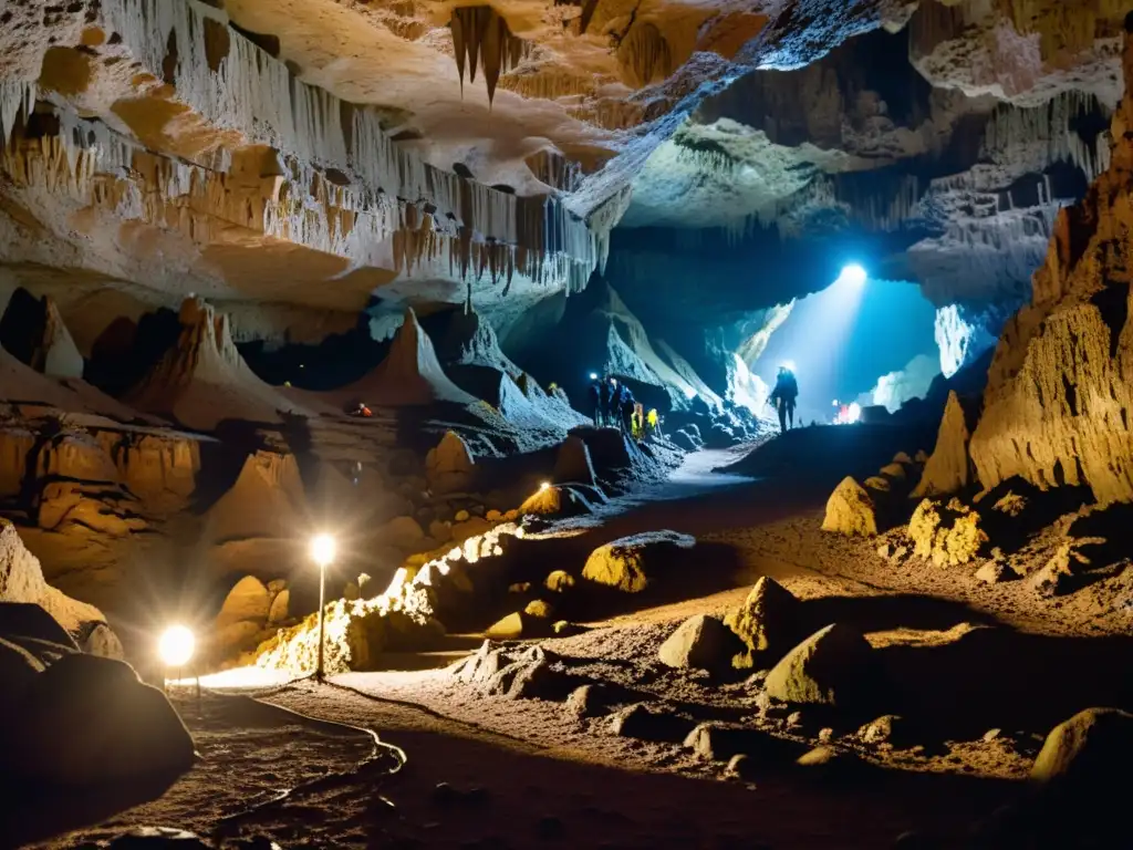 Exploradores con linternas descubren la belleza de una caverna subterránea, añadiendo misterio a los tours únicos túneles cavernas olvidadas