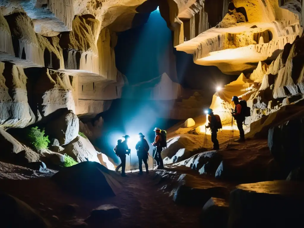 Exploradores con linternas de cabeza subterráneas navegan por caverna llena de formaciones rocosas iluminadas