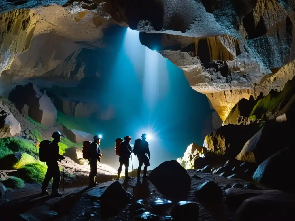 Exploradores con linternas de cabeza descubren maravillas en la cueva, una escena de aventura y descubrimiento subterráneo