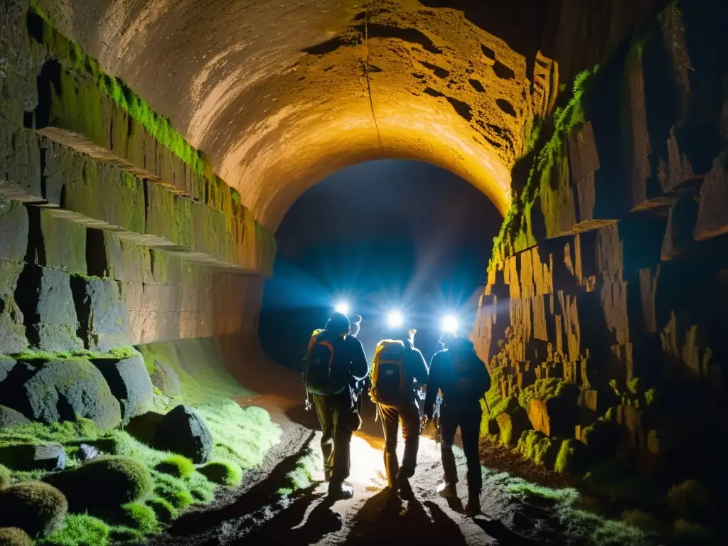 Exploradores con linternas de cabeza en túnel subterráneo iluminado, creando atmósfera de misterio y aventura