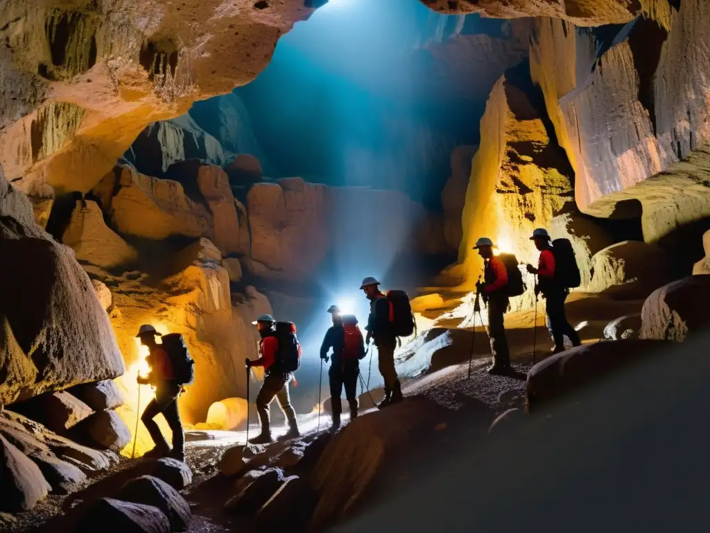 Exploradores con linternas y cámaras atraviesan una estrecha cueva, iluminando las formaciones rocosas