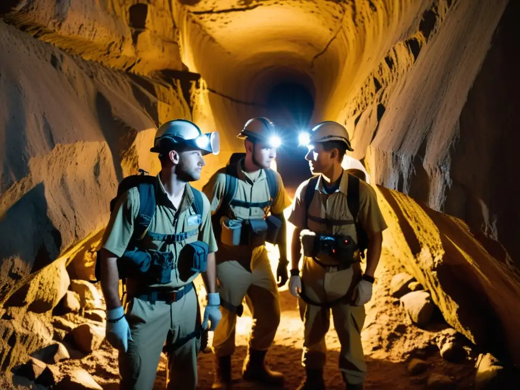 Exploradores con linternas y cámaras en un túnel subterráneo, capturando la emoción de la aventura