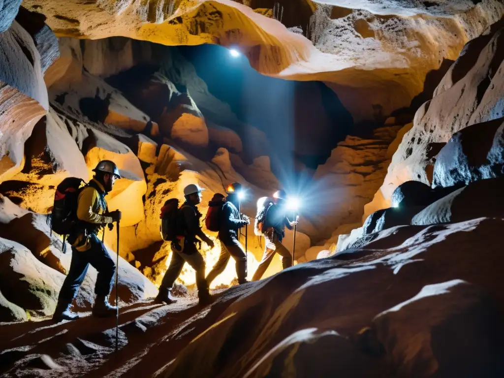 Exploradores con linternas en cueva