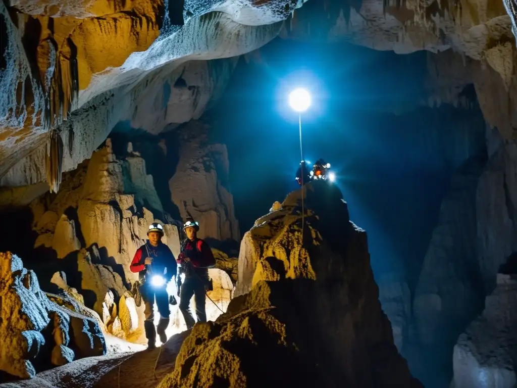 Exploradores con linternas explorando las cuevas de Ojo Guareña, rodeados de estalactitas y estalagmitas