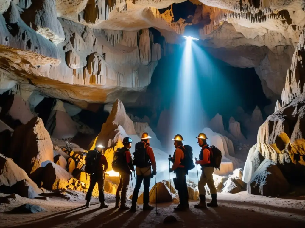 Exploradores con linternas en la entrada de una caverna, revelando la belleza misteriosa de las formaciones rocosas