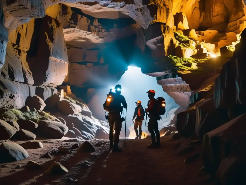 Exploradores con linternas y equipo en caverna subterránea, manejo de drones