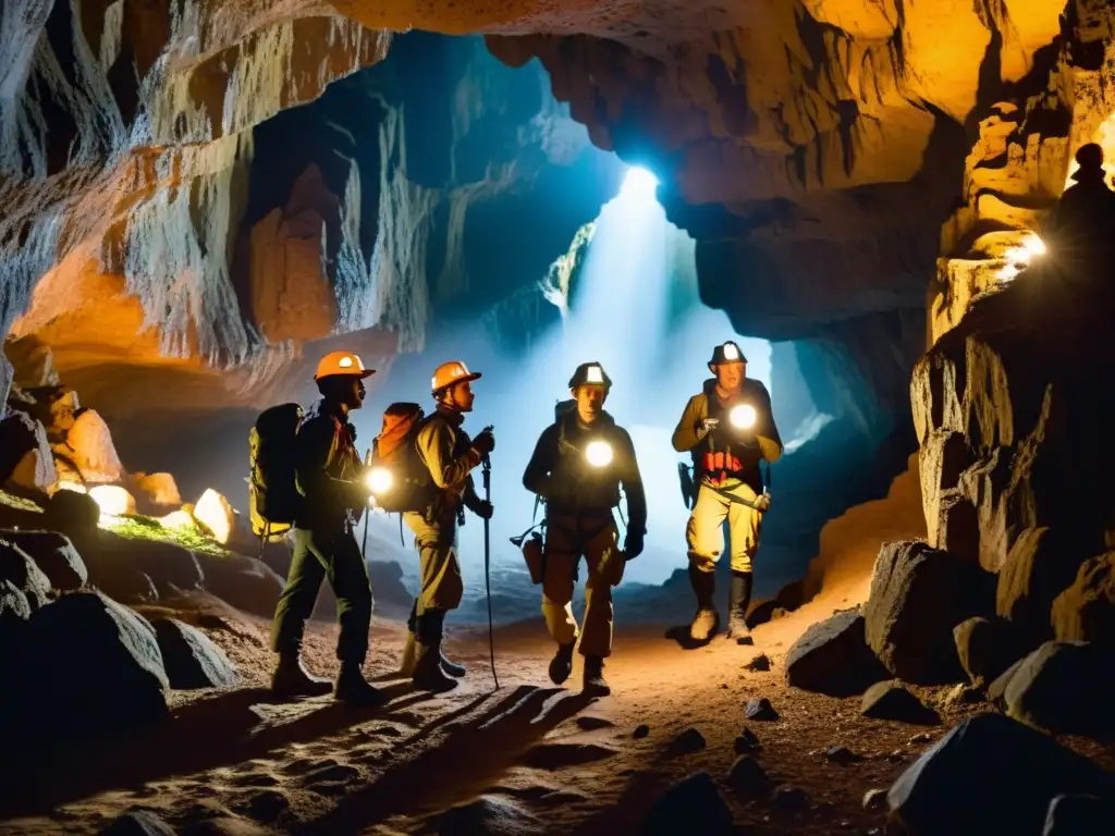 Exploradores con linternas y equipo en cueva subterránea