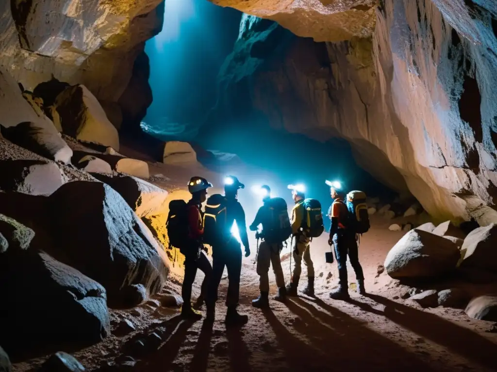 Exploradores con linternas y equipo adentrándose en una cueva subterránea, destacando sistemas de agua para exploración subterránea