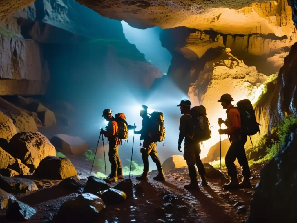 Exploradores con linternas y equipo recorren una cueva oscura, destacando la nutrición para exploraciones subterráneas largas