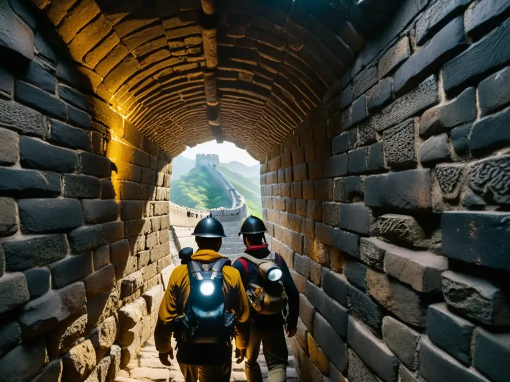 Exploradores con linternas y equipo de escalada exploran túneles históricos de la Gran Muralla China, desvelando secretos centenarios