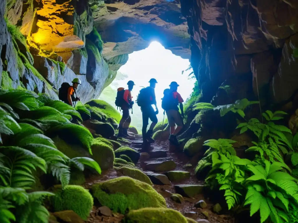 Exploradores con linternas y equipo de escalada avanzan con cuidado por un estrecho túnel rocoso