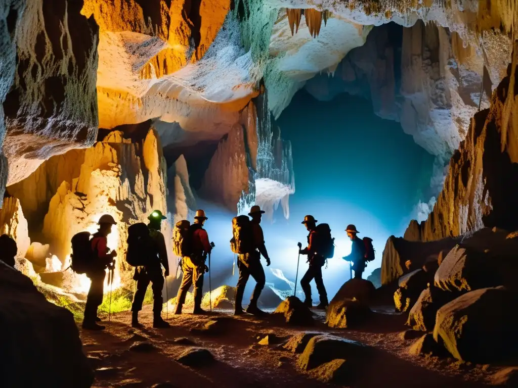 Exploradores con linternas y equipo de escalada recorren una cueva subterránea, iluminada por sus luces