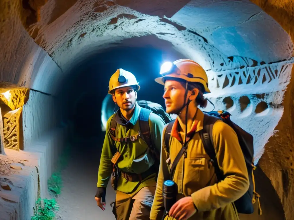 Intrépidos exploradores con linternas y equipo de escalada, adentrándose con asombro y cautela en un túnel subterráneo lleno de misterios y mitología