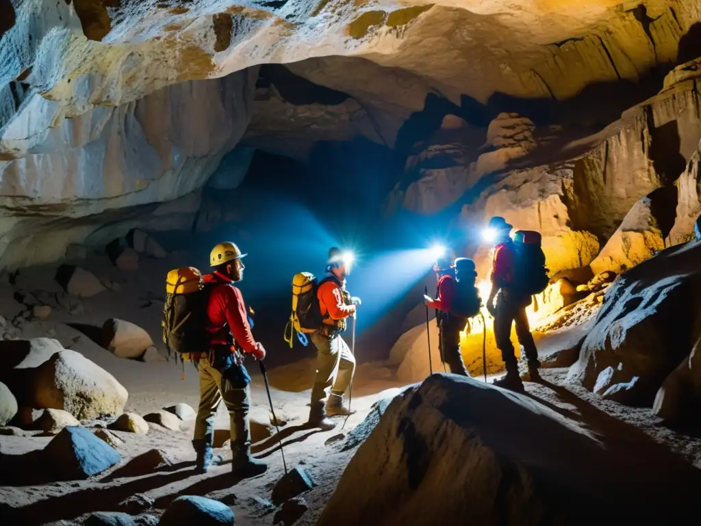 Exploradores con linternas y equipo de escalada, descubren cuevas subterráneas