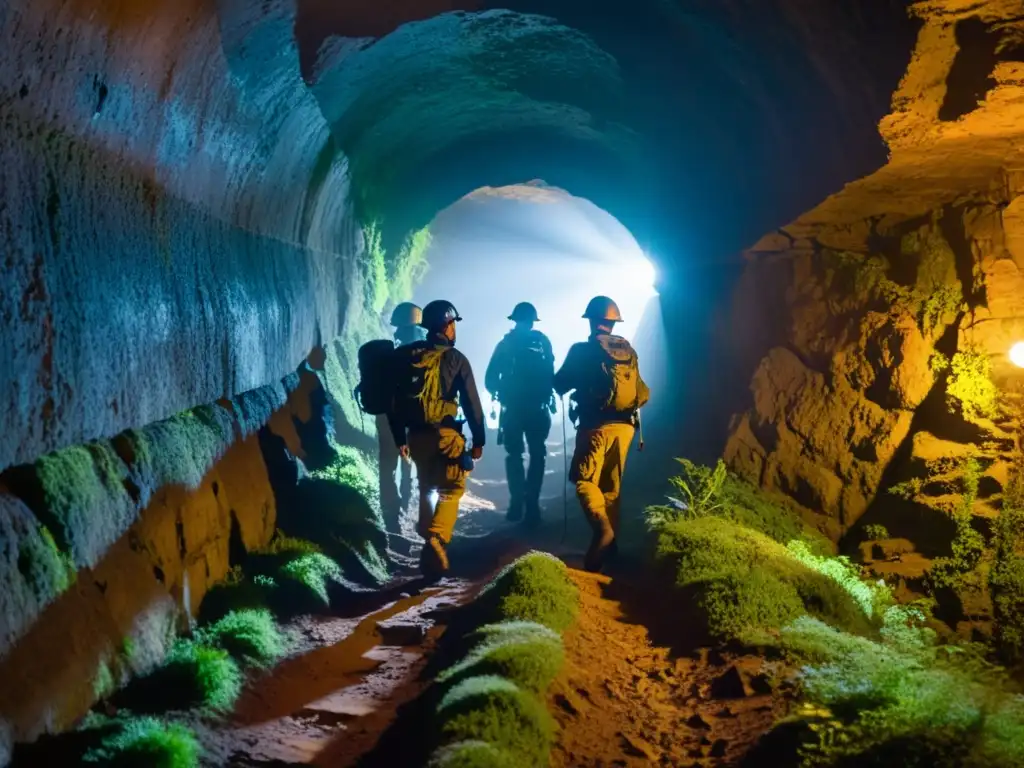 Exploradores con linternas y equipo de escalada en túnel subterráneo, descubriendo maravillas en cavernas olvidadas