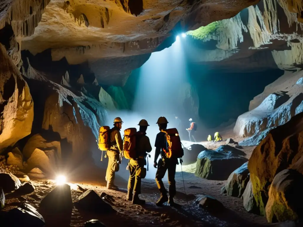 Exploradores con linternas y equipo de escalada exploran una cueva subterránea, resaltando la aventura y el descubrimiento en el turismo subterráneo