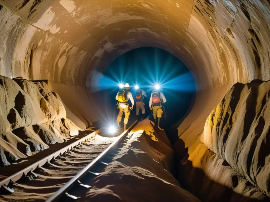 Exploradores con linternas y equipo de escalada en túnel subterráneo