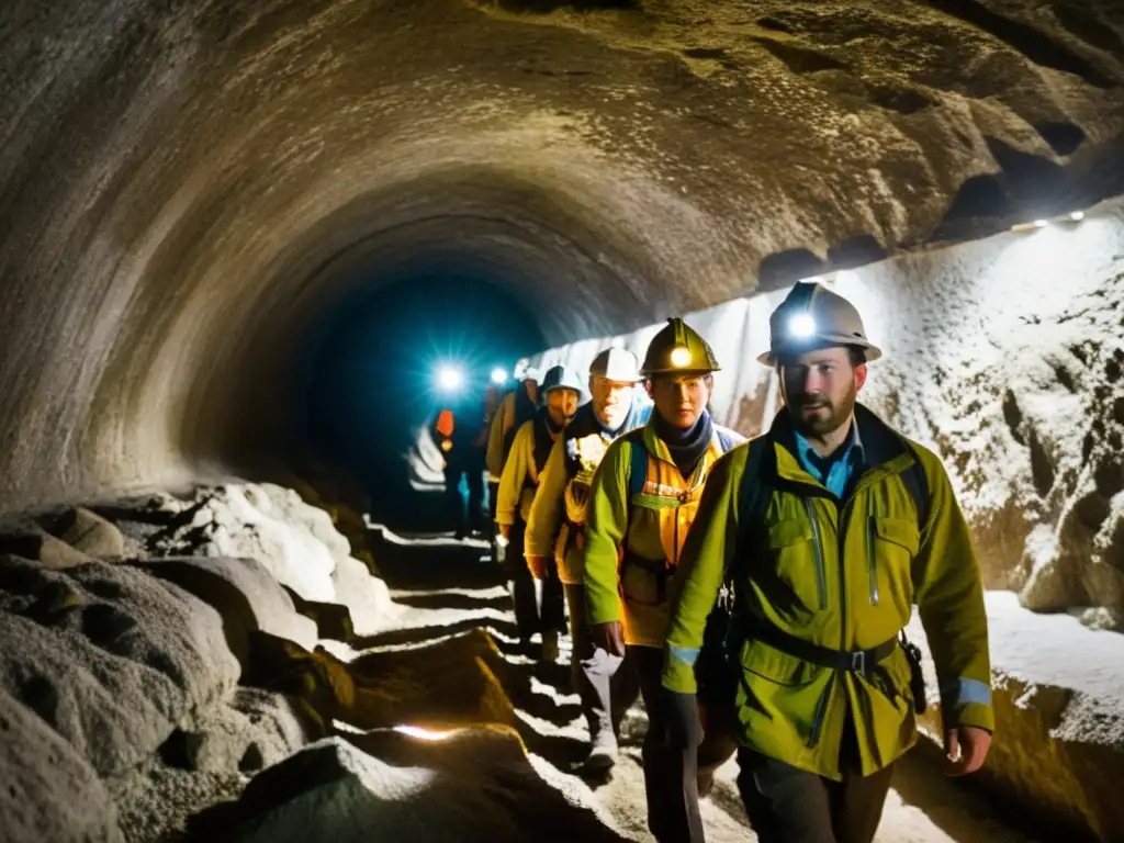 Exploradores con linternas y equipo en la nueva cámara de la mina de sal Wieliczka, descubriendo maravillas ocultas bajo tierra