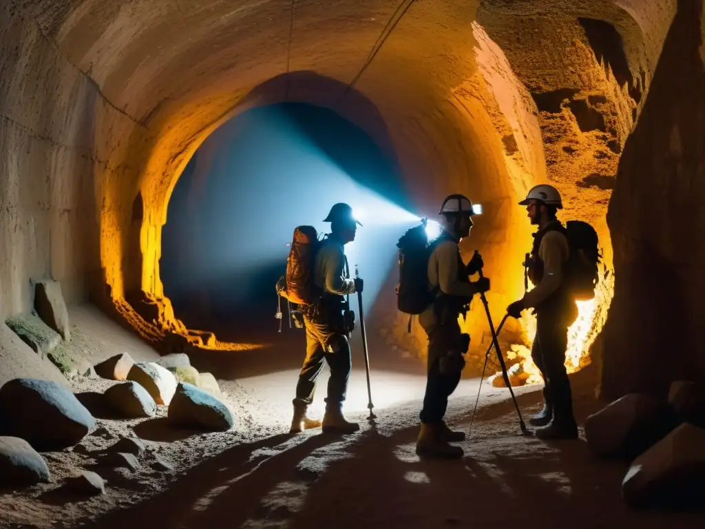 Exploradores con linternas y equipo rústico recorren un túnel subterráneo, iluminando antiguas estructuras y carvings