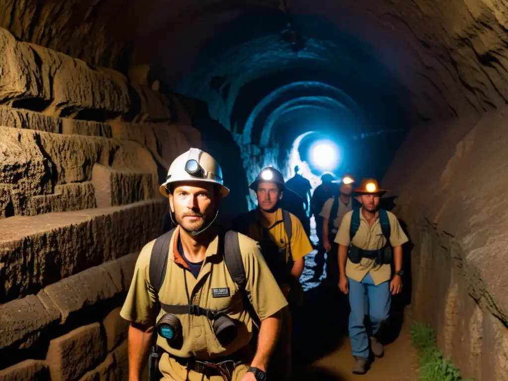 Exploradores con linternas y equipo de seguridad recorriendo un túnel subterráneo, revelando antiguas marcas en las paredes