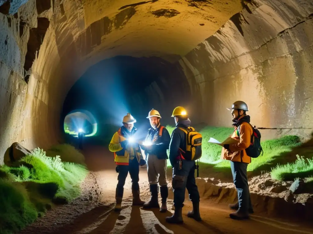 Exploradores con linternas y equipo de seguridad examinan mapas y artefactos en la entrada de un túnel histórico