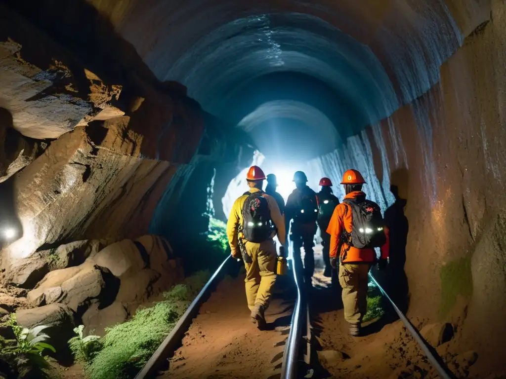 Exploradores con linternas y equipos de seguridad en un túnel estrecho y oscuro