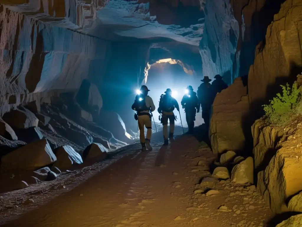 Exploradores con linternas atraviesan un estrecho túnel subterráneo histórico, revelando misteriosas formaciones rocosas