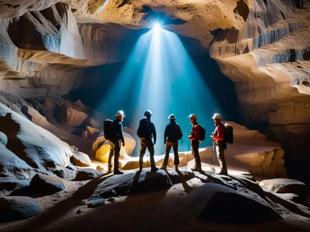 Exploradores con linternas iluminan formaciones rocosas en una cueva subterránea, destacando la belleza misteriosa