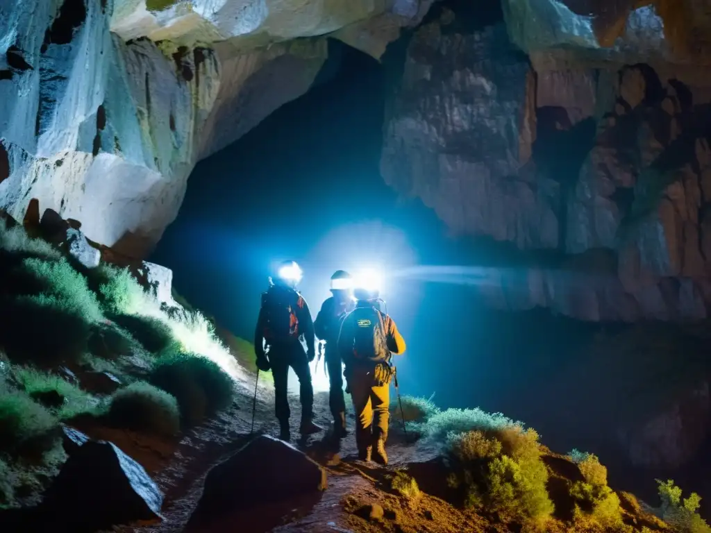 Exploradores descienden con sus linternas en el Gran Sótano del Barro, México, creando sombras en la cueva