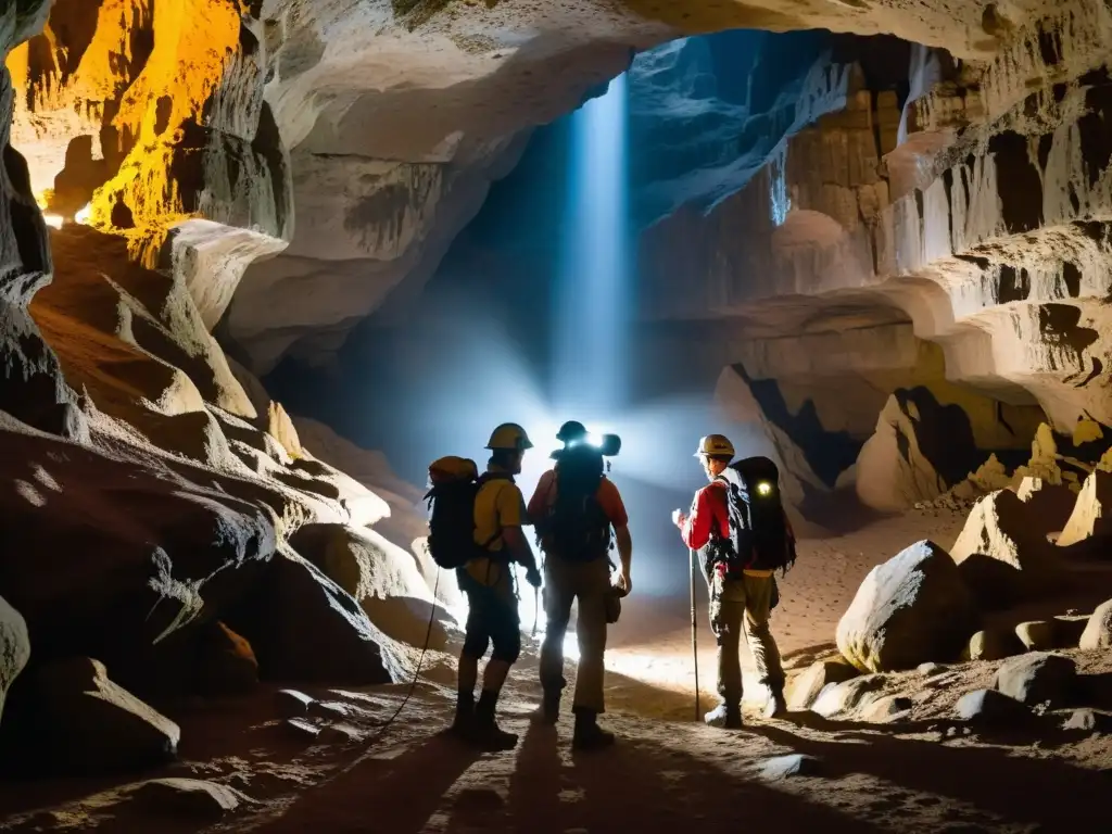 Exploradores con linternas y mochilas explorando caverna subterránea con formaciones rocosas antiguas y estalactitas