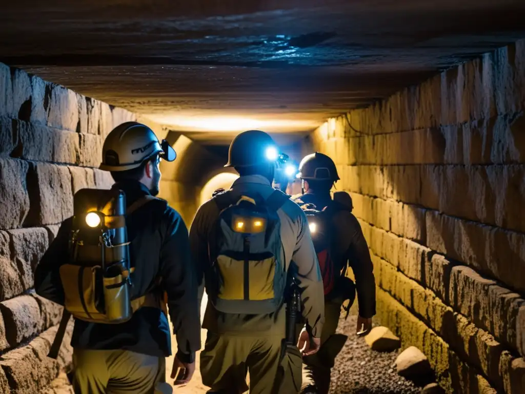 Exploradores con linternas y mochilas en Complejo militar subterráneo Corsham, atravesando un túnel oscuro y húmedo