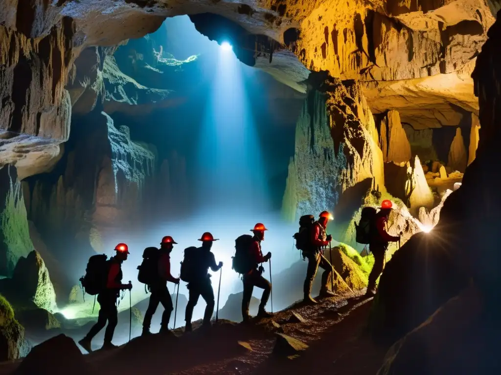 Exploradores con linternas y mochilas en una cueva, iluminando siluetas en un entorno rocoso