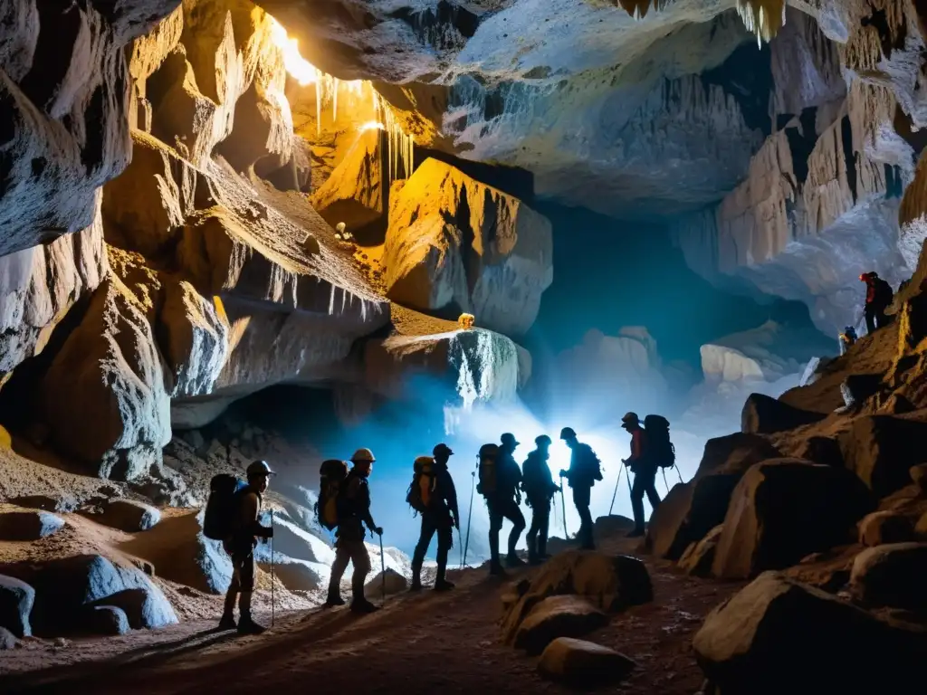 Exploradores con linternas y mochilas en cueva subterránea con estalactitas y estalagmitas