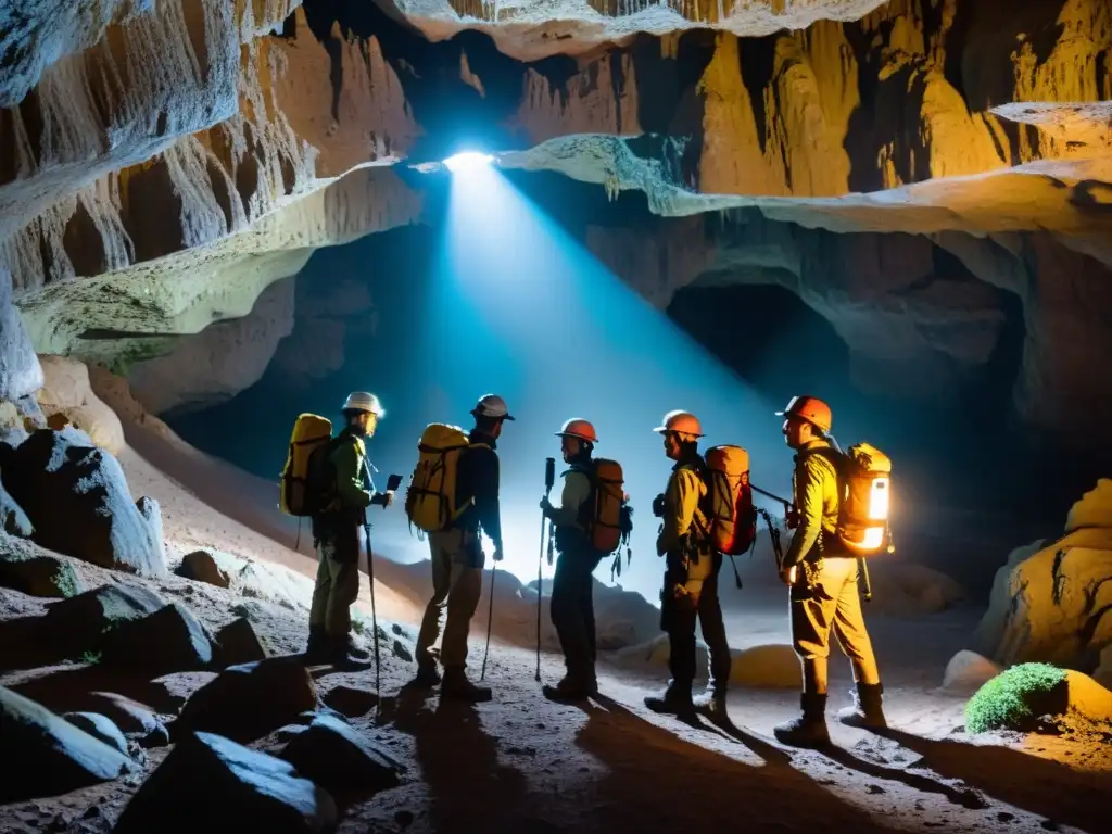 Exploradores descienden en cueva subterránea con determinación y asombro Exploradores con linternas y mochilas avanzan con determinación en una cueva subterránea
