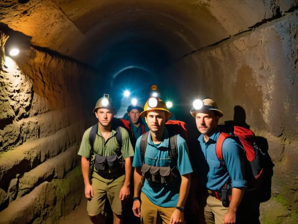 Exploradores con linternas y mochilas avanzan en un túnel histórico, con muros húmedos y sombras inquietantes