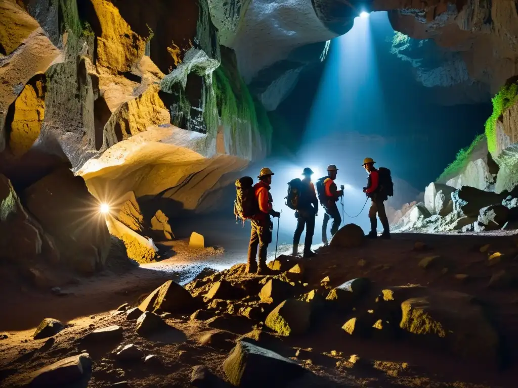 Exploradores con linternas y software mapeo 3D exploran una cueva subterránea, iluminando las rocas con sus luces