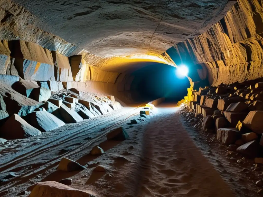 Exploradores con linternas en túnel subterráneo, revelando texturas y minerales