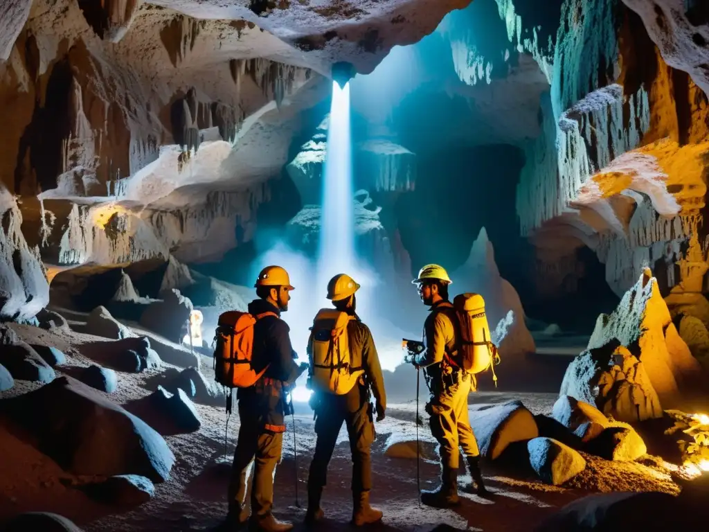 Exploradores con linternas y tecnología de realidad aumentada descubren maravillas subterráneas