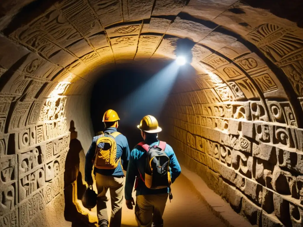 Exploradores con linternas descubren un túnel antiguo lleno de misterios y tesoros, con aplicaciones de realidad aumentada para túneles históricos