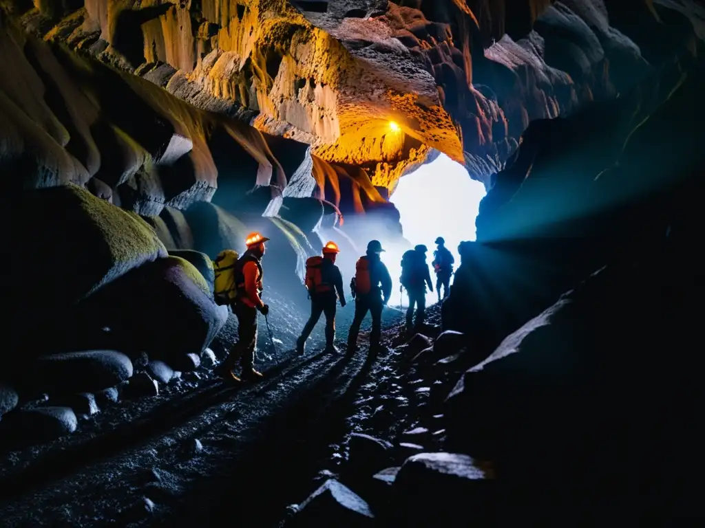 Exploradores con linternas atraviesan un túnel de lava en Islandia, creando una experiencia única túneles lava Islandia de aventura y descubrimiento