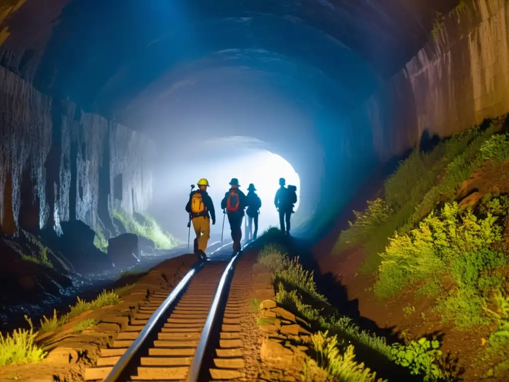 Exploradores con linternas navegan en un túnel histórico, cautelosos y aventureros