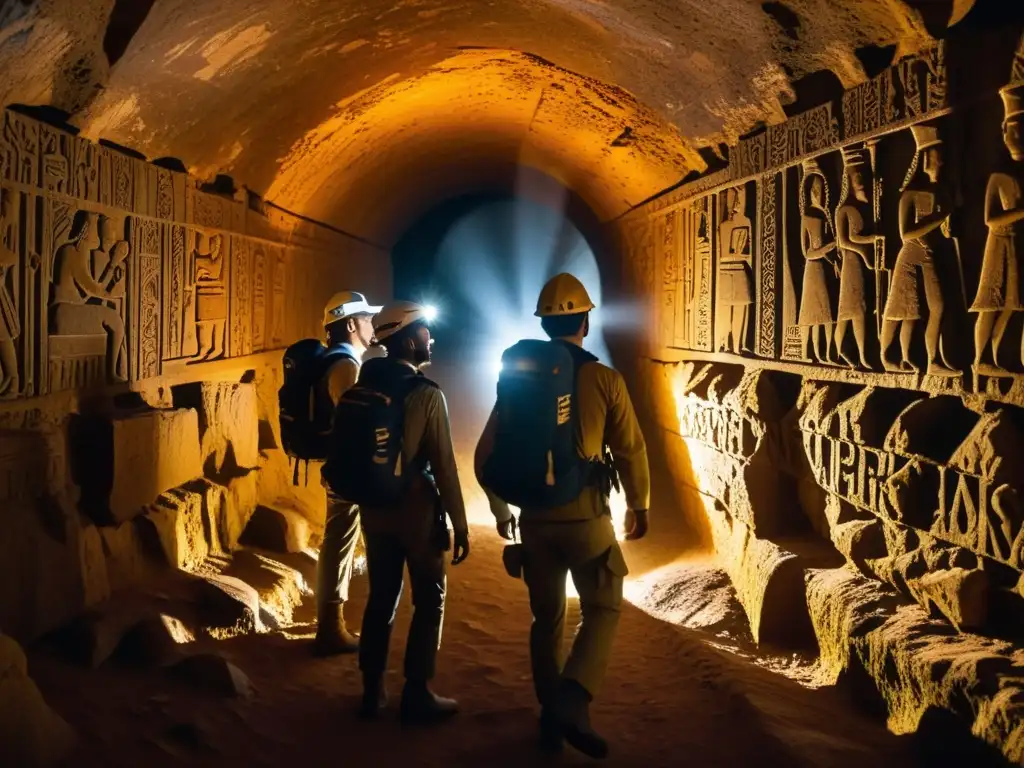 Exploradores con linternas descubren túnel histórico, reflejando la emoción y asombro de la exploración con la aplicación de RA en túneles históricos